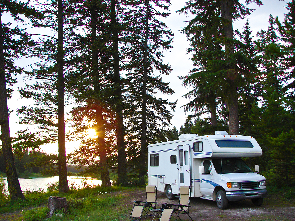 Recreational Vehicle Set-up at a Campsite Near the Lake.