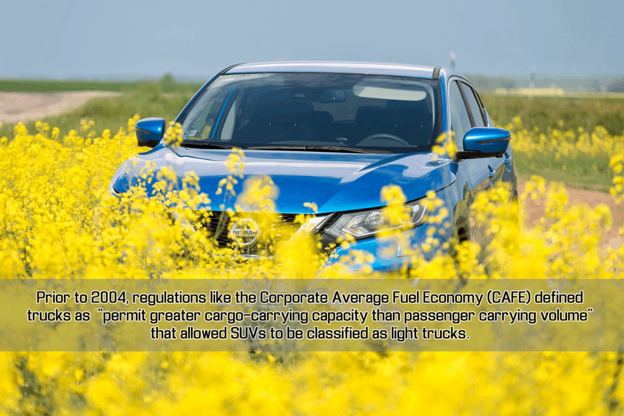 Prior to 2004, regulations like the Corporate Average Fuel Economy (CAFE) defined trucks as  'permit greater cargo-carrying capacity than passenger carrying volume' that allowed SUVs to be classified as light trucks.