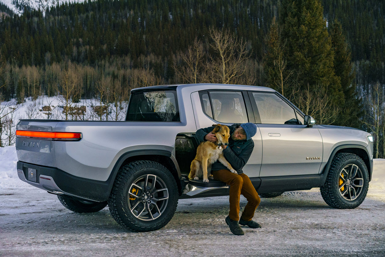 Another full-electric pickup example is the Rivian R1T.